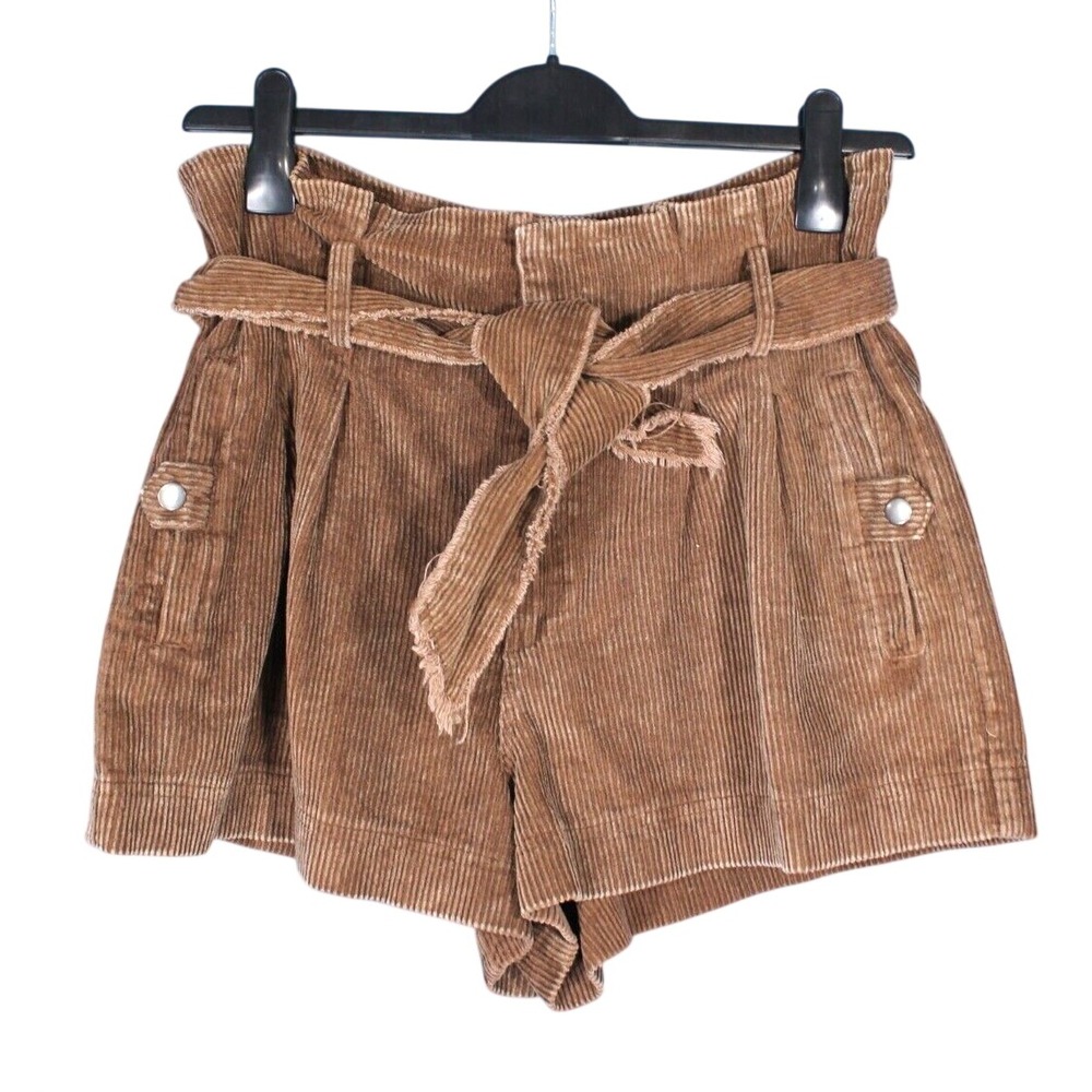 SHE + SKY Brown CORDUROY High-Waisted PLEATED Snap Pockets TIE BELT Shorts Sz M